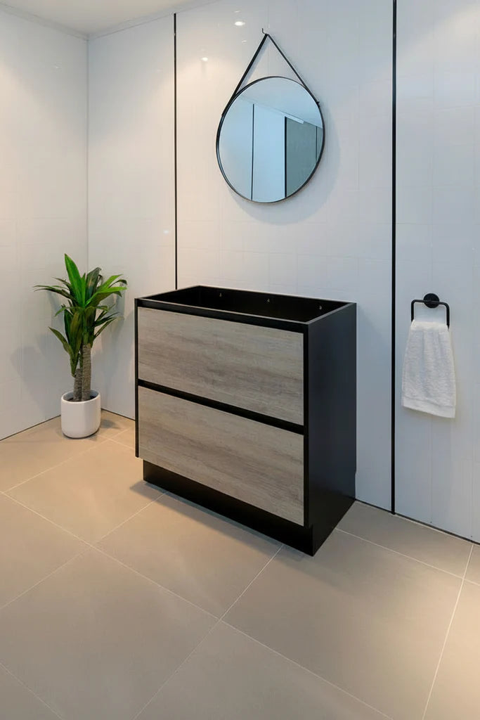 PLYWOOD POLO 1000 BLACK AND LIGHT OAK FLOOR STANDING VANITY - BASE ONLY
