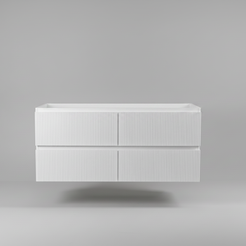PLYWOOD 1200 MATTE WHITE FLUTED WALL HUNG VANITY (DOUBLE BASIN) - BASE ONLY