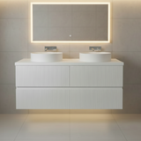 PLYWOOD 1500 MATTE WHITE FLUTED WALL HUNG VANITY (DOUBLE BASIN) - BASE ONLY