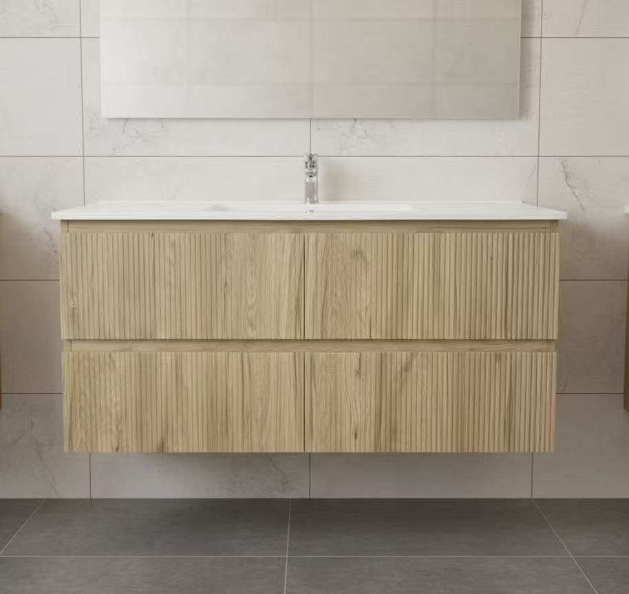 PLYWOOD 1200 WALNUT FLUTED VANITY WALLHUNG WITH CERAMIC TOP