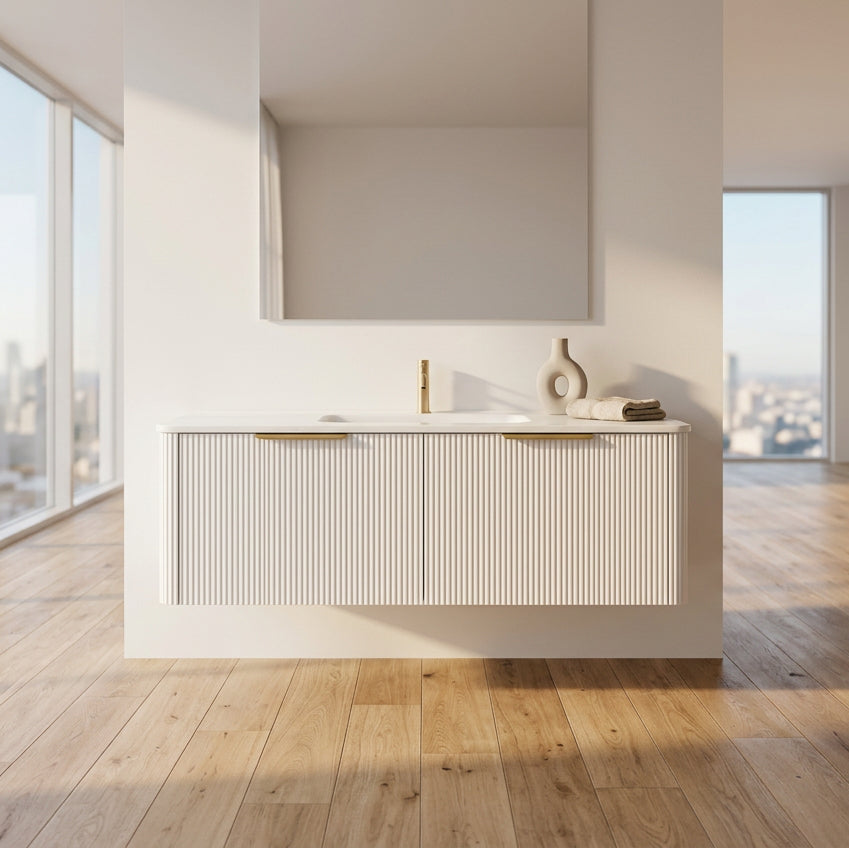 PLYWOOD 1200 WHITE FLUTED 2 DRAWER WALLHUNG VANITY WITH CERAMIC TOP