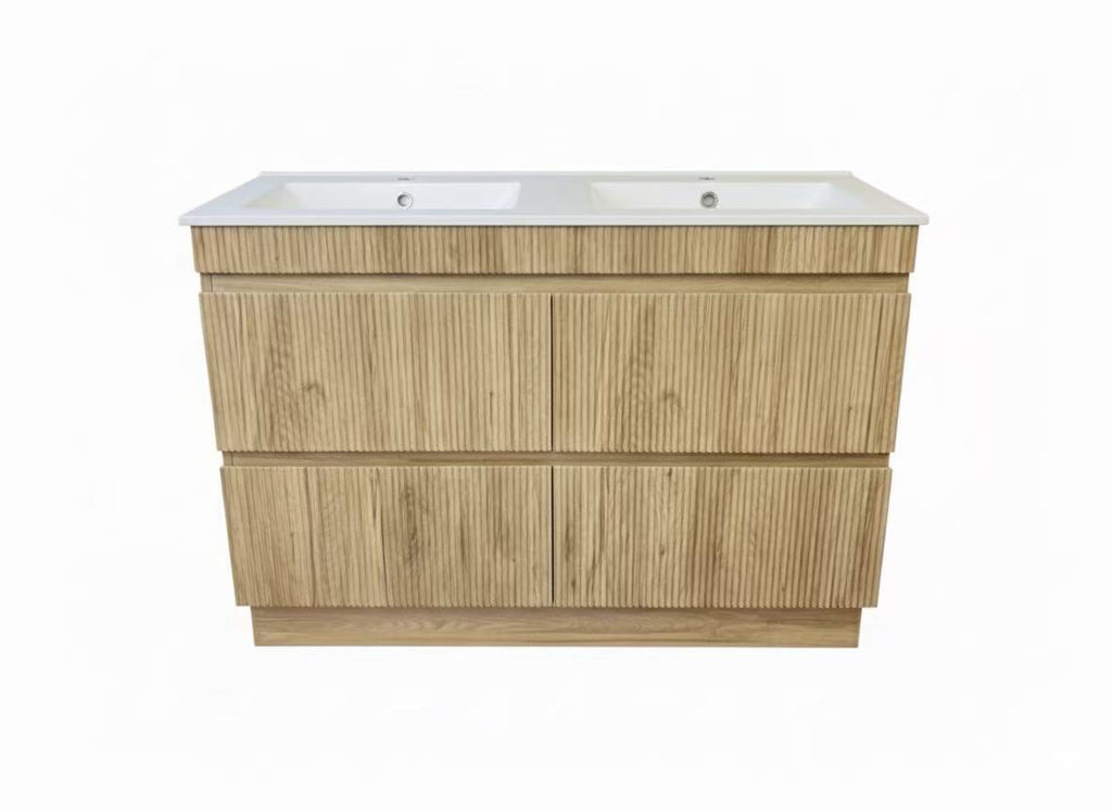 PLYWOOD 1200 OAK FLUTED VANITY WITH DOUBLE WHITE GLOSS CERAMIC TOP