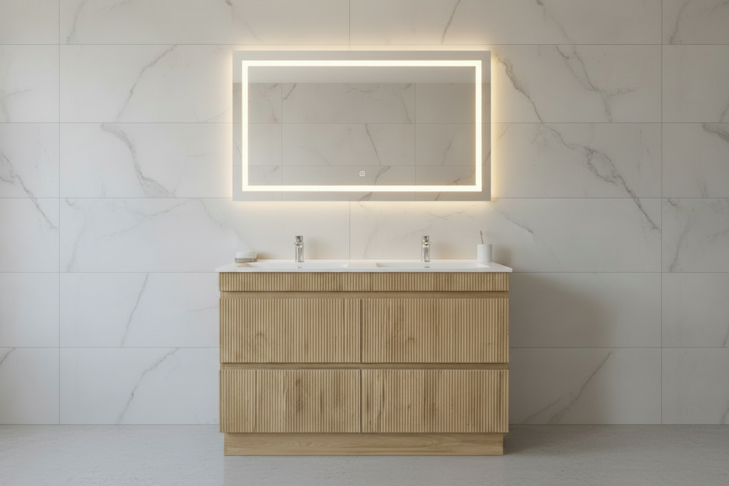 PLYWOOD 1500 WALNUT FLUTED FLOOR STANDING VANITY (DOUBLE BASIN) WITH CERAMIC TOP