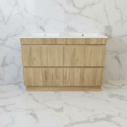 PLYWOOD 1200 WALNUT FLUTED FLOOR STANDING VANITY (DOUBLE BASIN) WITH CERAMIC TOP