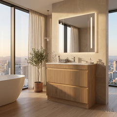 PLYWOOD 1500 WALNUT FLUTED FLOOR STANDING VANITY (SINGLE BASIN) WITH CERAMIC TOP
