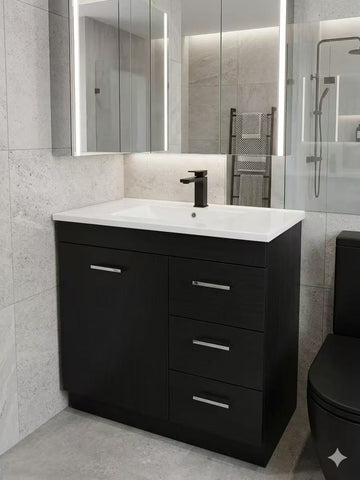 PLYWOOD 750 FLOOR STANDING DARK OAK VANITY WITH MATTE BLACK CERAMIC TOP (AND HANDLES)