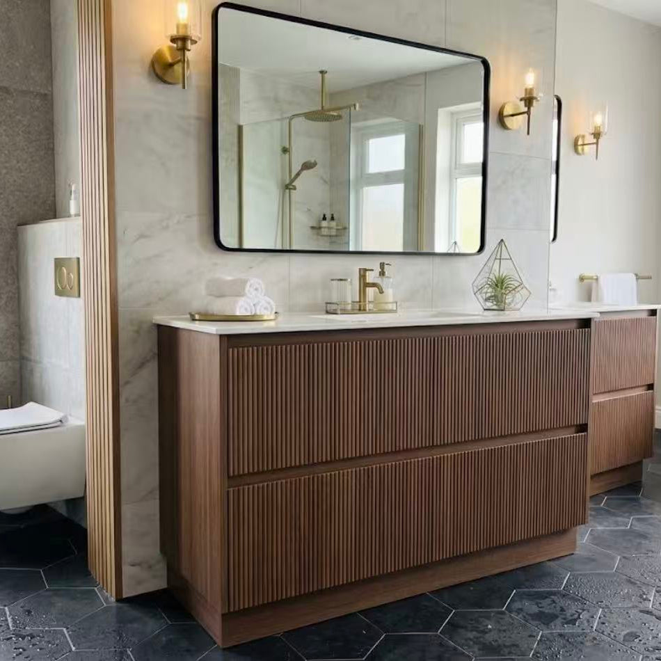 PLYWOOD 1500 RIVIERA OAK FLUTED FLOOR STANDING VANITY WITH CERAMIC TOP