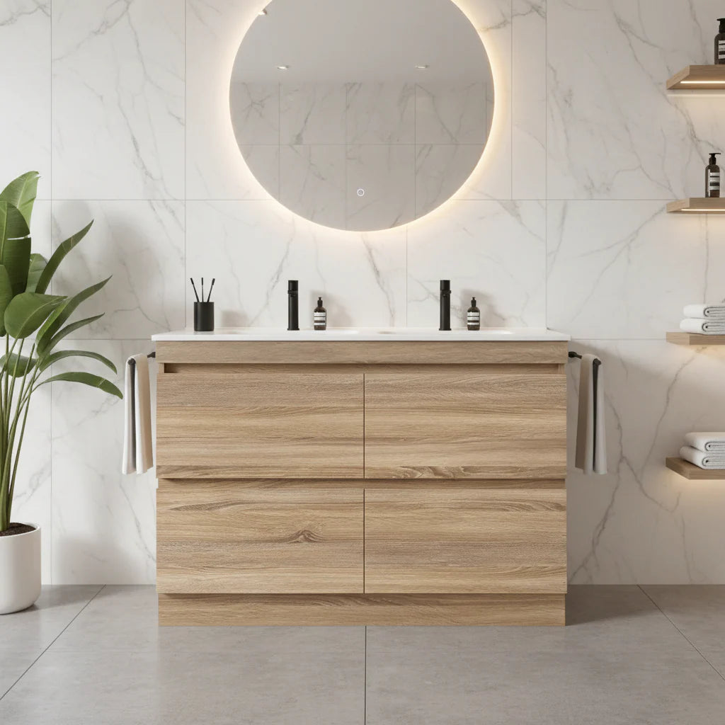 PLYWOOD POLO 1200 LIGHT OAK FLOOR STANDING VANITY (DOUBLE BASIN) WITH CERAMIC TOP