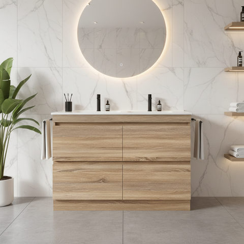 PLYWOOD POLO 1500 LIGHT OAK FLOOR STANDING VANITY (DOUBLE BASIN) WITH CERAMIC TOP