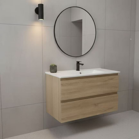 PLYWOOD 600 WALL HUNG VANITY - LIGHT OAK WITH CERAMIC TOP