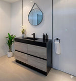 PLYWOOD POLO 1200 BLACK AND LIGHT OAK FLOOR STANDING VANITY (SINGLE BASIN) WITH BLACK CERAMIC TOP