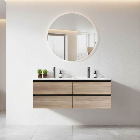 PLYWOOD NELSON 1200 BLACK AND LIGHT OAK WALL HUNG VANITY (DOUBLE BASIN) WITH CERAMIC TOP