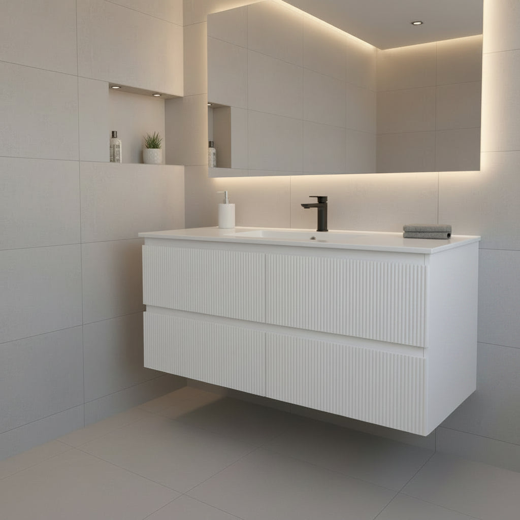 PLYWOOD 1200 MATTE WHITE FLUTED WALL HUNG VANITY (SINGLE BASIN) WITH CERAMIC TOP