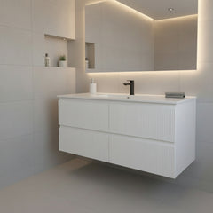 PLYWOOD 1200 MATTE WHITE FLUTED WALL HUNG VANITY (SINGLE BASIN) WITH CERAMIC TOP