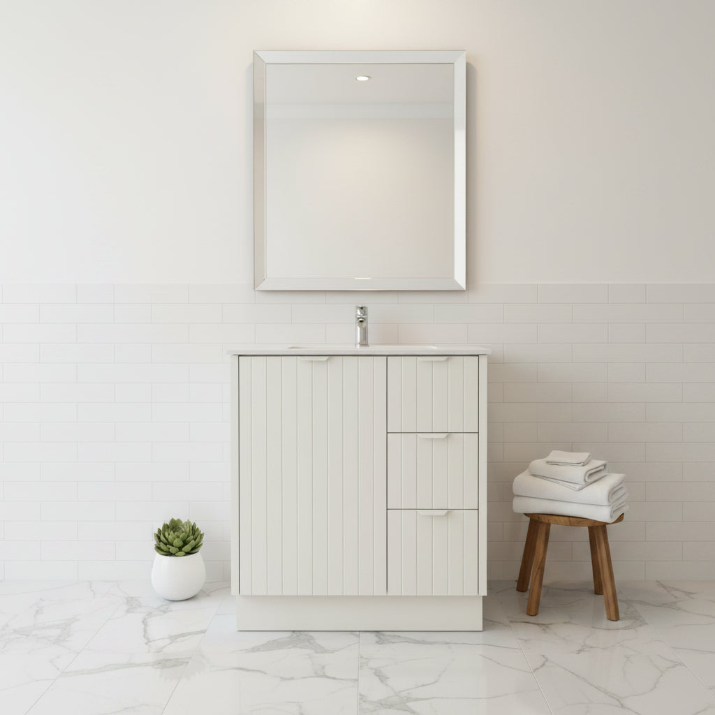 FLUTED WHITE HERITAGE 750 VANITY 1 DOOR 3 DRAWER - BASE ONLY