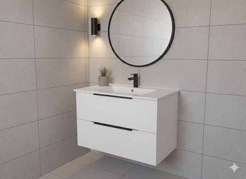 PLYWOOD MATTE WHITE 750 WALLHUNG VANITY WITH HANDLES & CERAMIC TOP