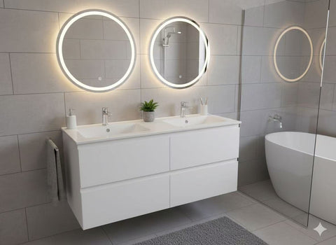 PLYWOOD 1800 WALL HUNG VANITY (DOUBLE BASIN) - WHITE WITH POPOLRMARBLE TOP