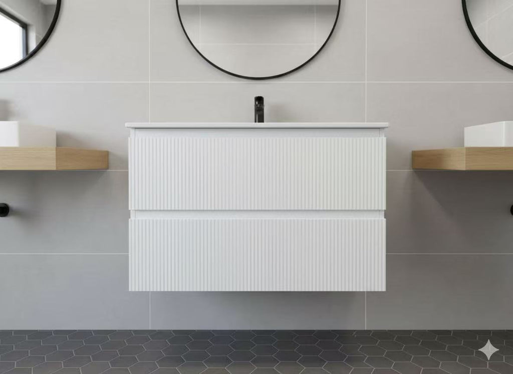 PLYWOOD 900 MATTE WHITE FLUTED WALL HUNG VANITY WITH CERAMIC TOP
