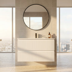 PLYWOOD 900 MATTE WHITE FLUTED WALL HUNG VANITY WITH CERAMIC TOP