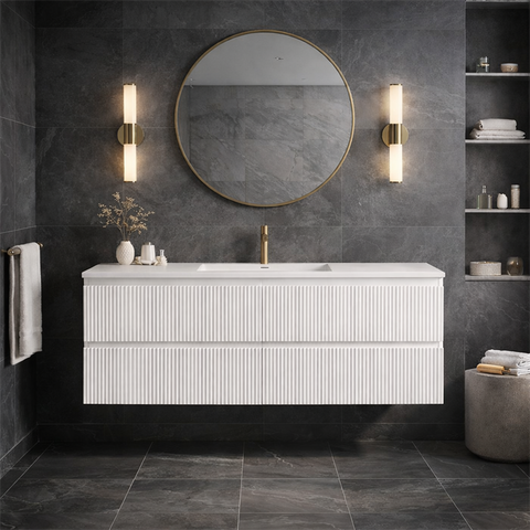 PLYWOOD 1200 MATTE WHITE FLUTED VANITY WALLHUNG WITH CERAMIC TOP