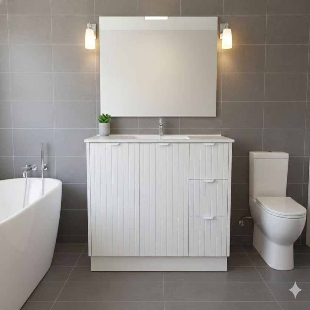 FLUTED WHITE HERITAGE 1200 VANITY 2 DOOR 3 DRAWER WITH CERAMIC TOP