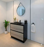 PLYWOOD 750 FLOOR STANDING VANITY BLACK LIGHT OAK WITH BLACK CERAMIC TOP