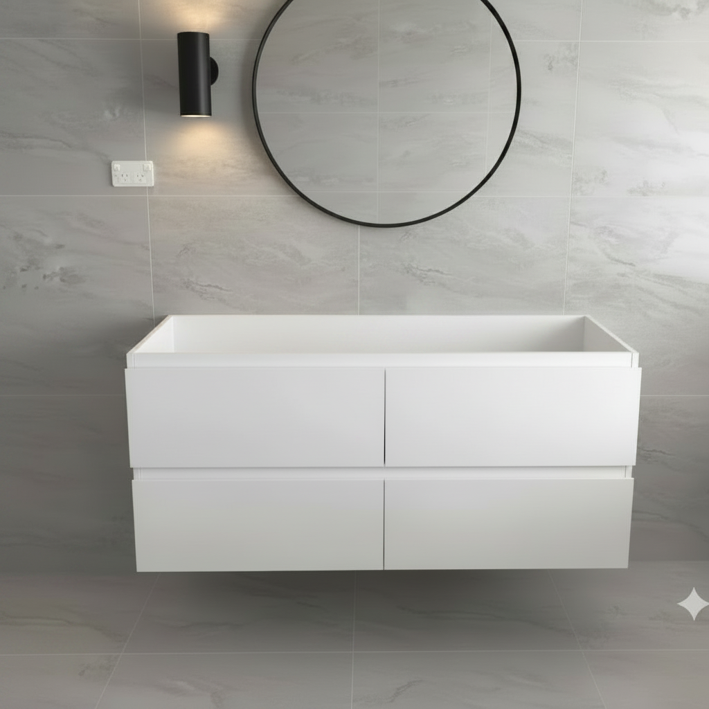 PLYWOOD 1500 WHITE WALL HUNG VANITY (DOUBLE BASIN) - BASE ONLY