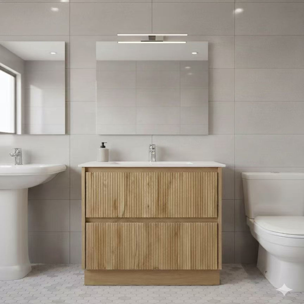 PLYWOOD 600 WALNUT FLUTED FLOOR STANDING VANITY WITH CERAMIC TOP