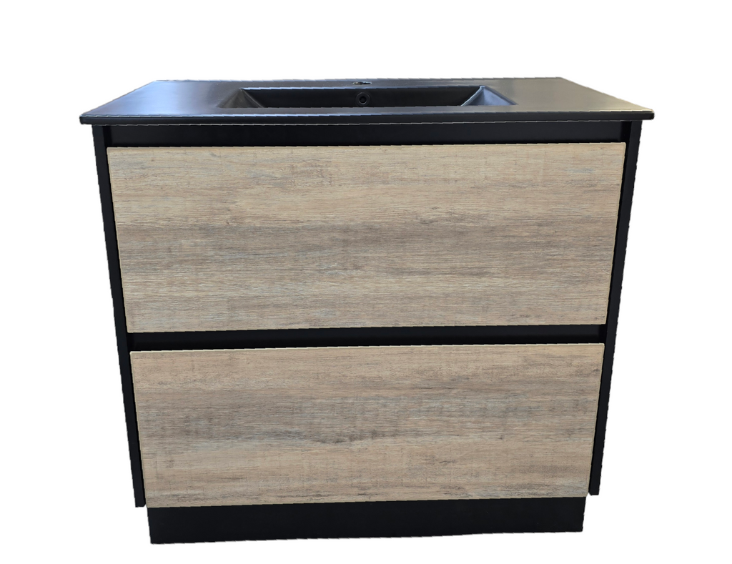 PLYWOOD 750 FLOOR STANDING VANITY BLACK LIGHT OAK WITH BLACK CERAMIC TOP