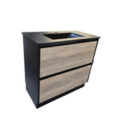 PLYWOOD 750 FLOOR STANDING VANITY BLACK LIGHT OAK WITH BLACK CERAMIC TOP