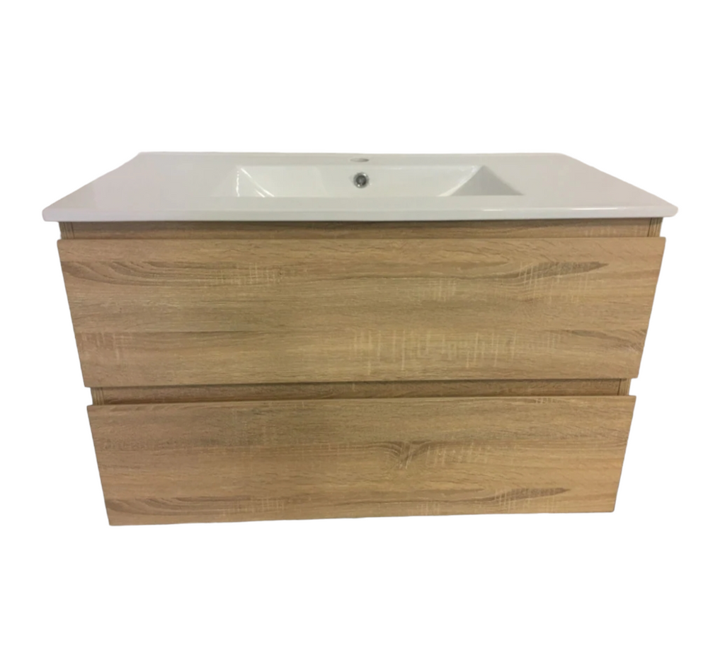 PLYWOOD NELSON 750 LIGHT OAK WALL HUNG VANITY WITH CERAMIC TOP