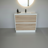PLYWOOD POLO 900 WHITE AND LIGHT OAK FLOOR STANDING VANITY WITH CERAMIC TOP