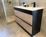 PLYWOOD 1200 FLOOR STANDING BLACK LIGHT OAK VANITY WITH DOUBLE BASIN CERAMIC TOP - Bathroom Clearance