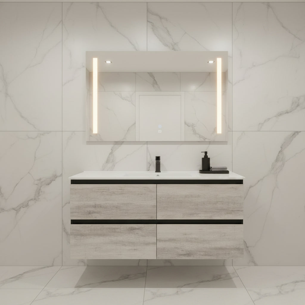 PLYWOOD NELSON 1200 BLACK AND LIGHT OAK WALL HUNG VANITY (SINGLE BASIN) WITH CERAMIC TOP