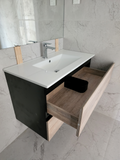 PLYWOOD NELSON 600 BLACK AND LIGHT OAK WALL HUNG VANITY WITH CERAMIC TOP