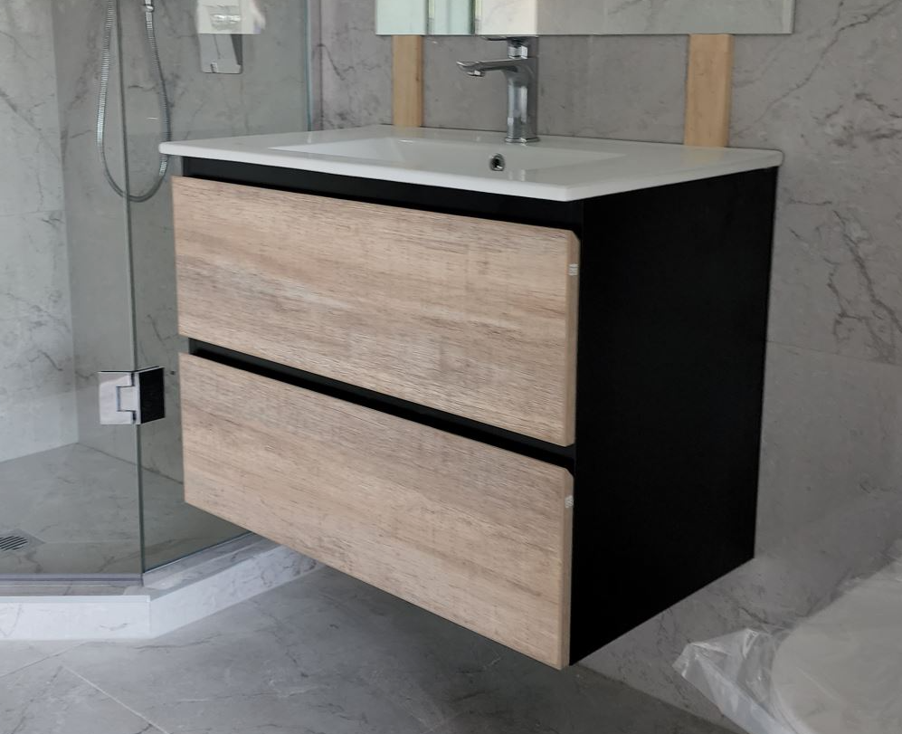 PLYWOOD NELSON 600 BLACK AND LIGHT OAK WALL HUNG VANITY WITH CERAMIC TOP