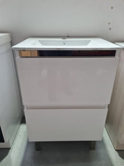 MDF 600 FLOORSTANDING VANITY GLOSS WHITE 2 DRAWERS WITH CERAMIC TOP