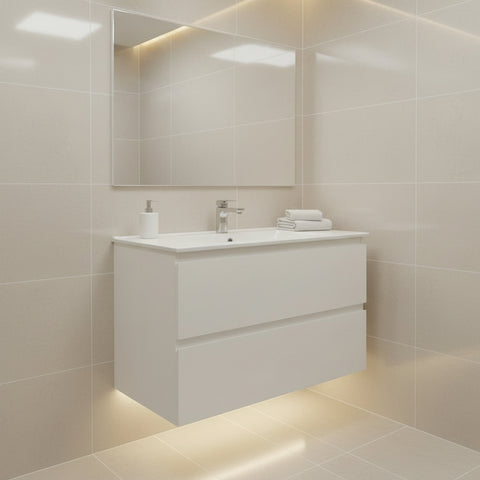 PLYWOOD 750 WALL HUNG VANITY - WHITE WITH CERAMIC TOP - Bathroom Clearance