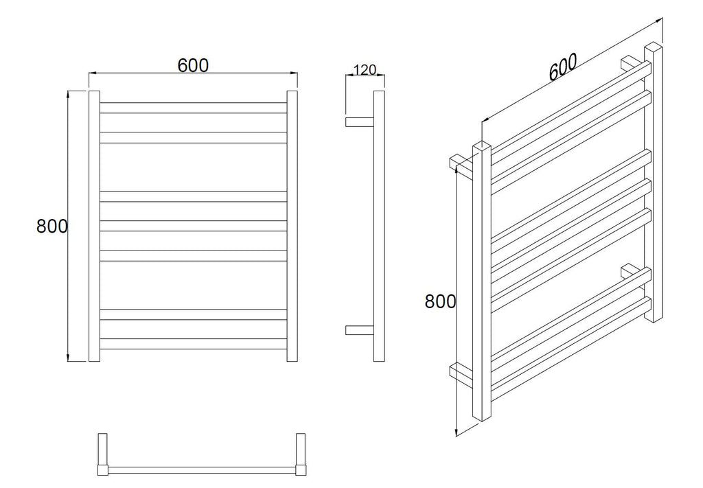 HEATED TOWEL RAIL STAINLESS STEEL - GUN METAL FINISH 7 BARS SQUARE