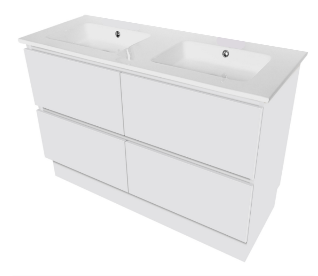 PLYWOOD POLO 1200 WHITE FLOOR STANDING VANITY (DOUBLE BASIN) WITH CERAMIC TOP