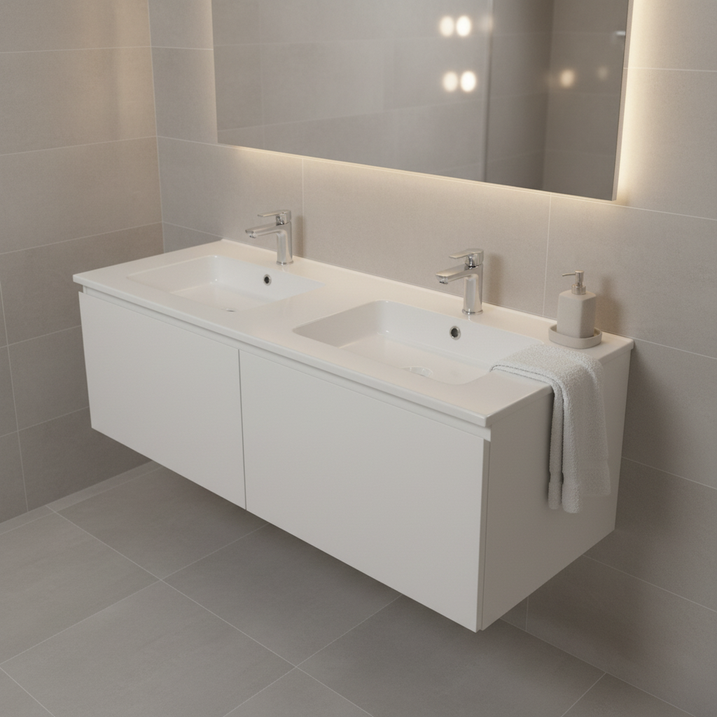 PLYWOOD 1200 WALL HUNG WHITE VANITY WITH DOUBLE BASIN POLYMARBLE TOP