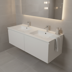 PLYWOOD 1200 WALL HUNG WHITE VANITY WITH DOUBLE BASIN POLYMARBLE TOP