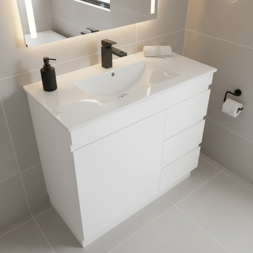 PLYWOOD MADRID 900 WHITE FLOOR STANDING VANITY WITH CERAMIC TOP