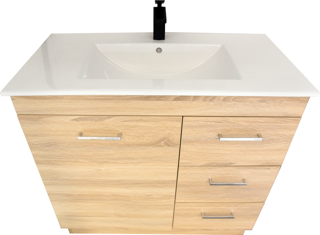 PLYWOOD 900 FLOOR STANDING LIGHT OAK VANITY WITH CERAMIC TOP (AND HANDLES)