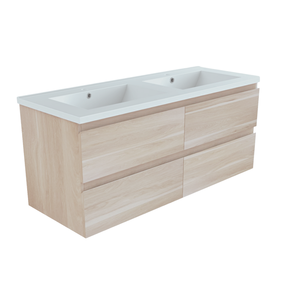 PLYWOOD NELSON 1200 LIGHT OAK WALL HUNG VANITY (DOUBLE BASIN) WITH CERAMIC TOP