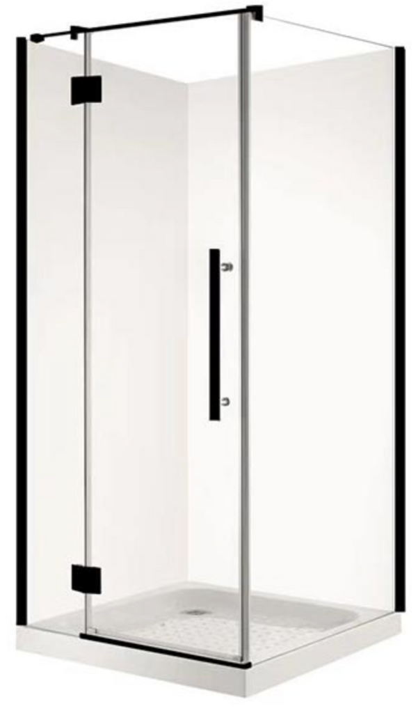 SQUARE 1000 x 1000 FRAMELESS BLACK SHOWER, CORNER WASTE
