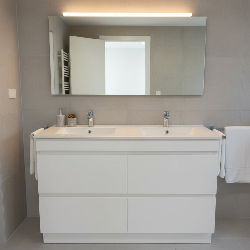 PLYWOOD POLO 1200 MATTE WHITE FLOOR STANDING VANITY (DOUBLE BASIN) WITH CERAMIC TOP