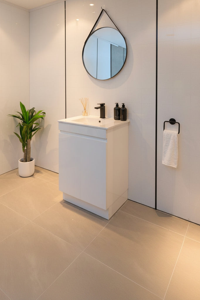 PLYWOOD 600 WHITE GLOSS VANITY FLOORSTANDING WITH CERAMIC TOP