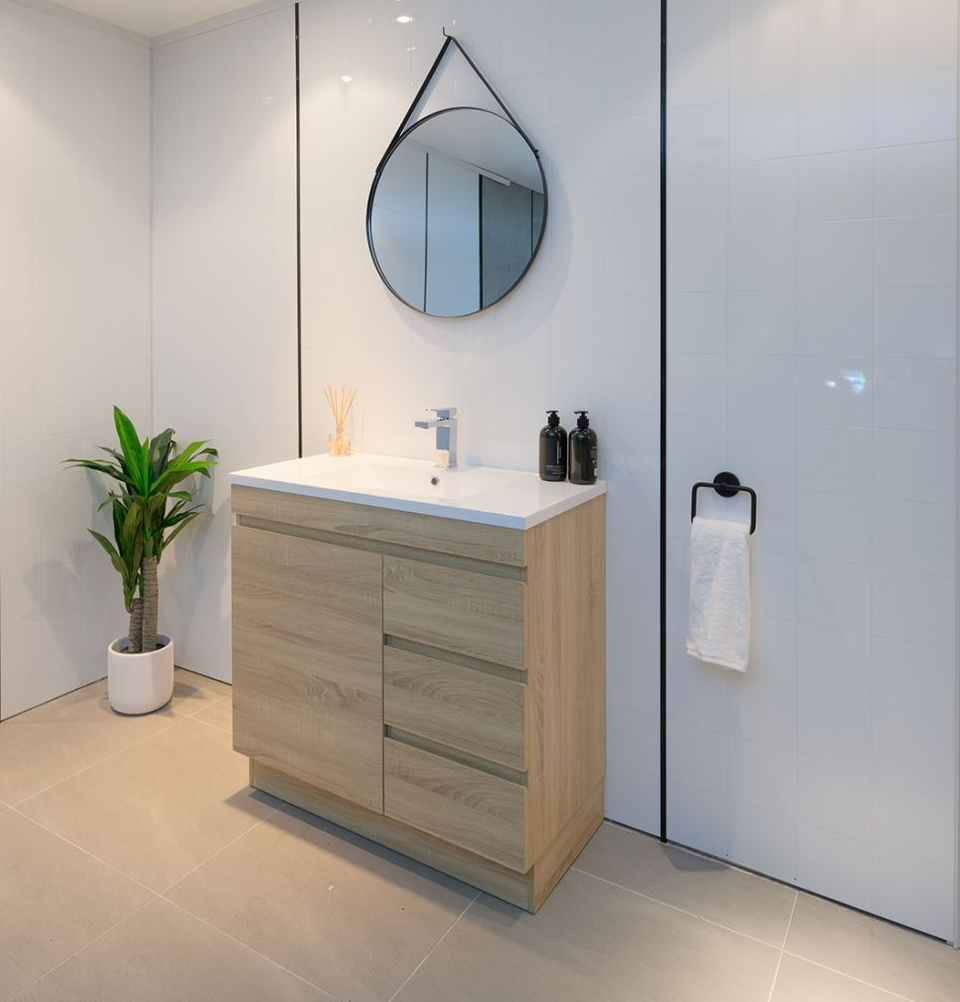 PLYWOOD 750MM LIGHT OAK FLOORSTANDING VANITY WITH CERAMIC TOP - Bathroom Clearance