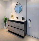 PLYWOOD 1200 FLOOR STANDING VANITY BLACK LIGHT OAK WITH SINGLE BASIN CERAMIC TOP - Bathroom Clearance